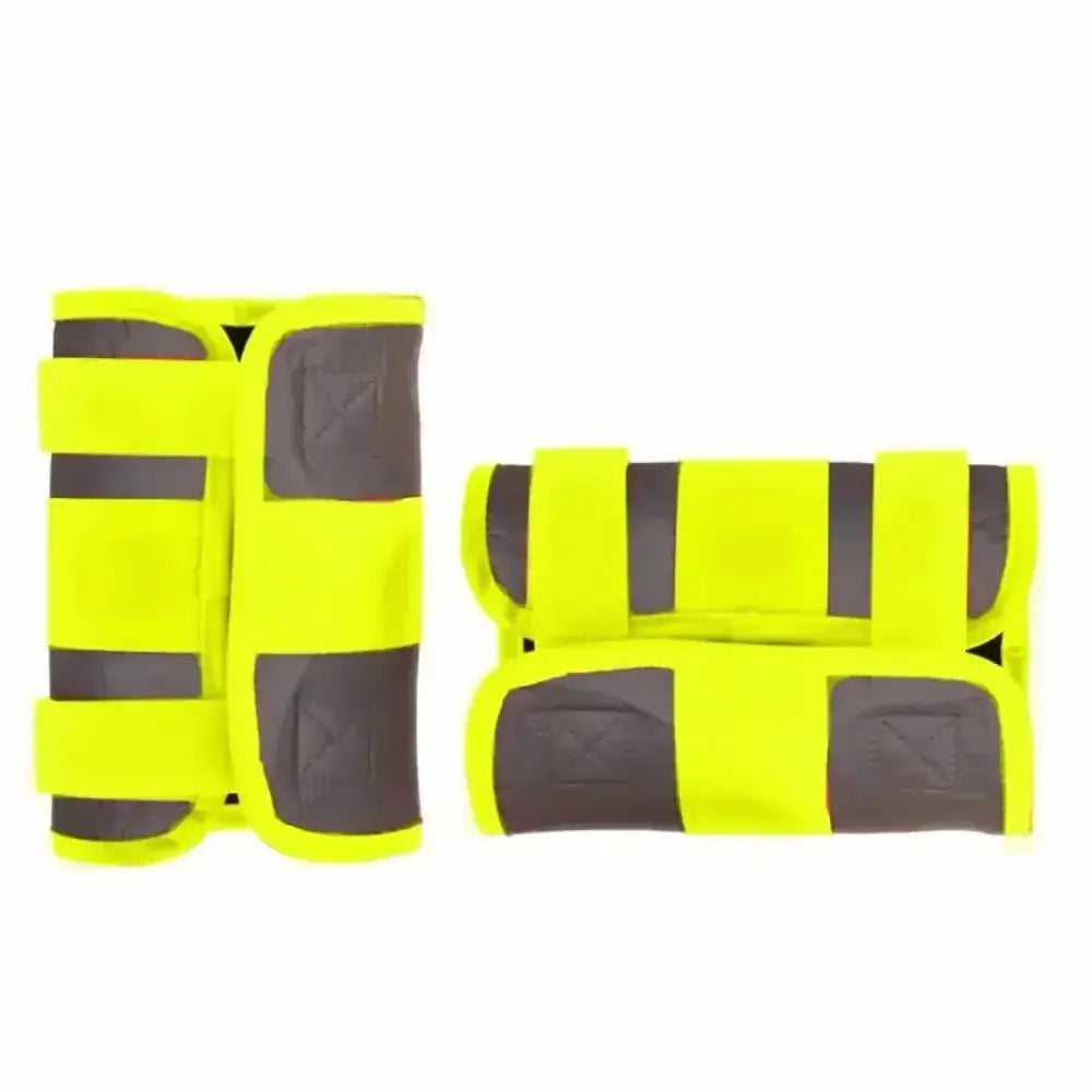 Equisafety mercury reflective hi-vis horse boots in bright yellow with dark gray padded sections and reflective strips