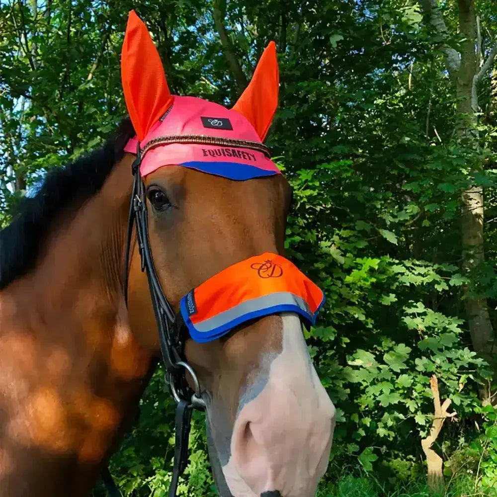 Bright orange and pink equisafety multi-coloured noseband horse fly mask with reflective blue trim for safety and comfort