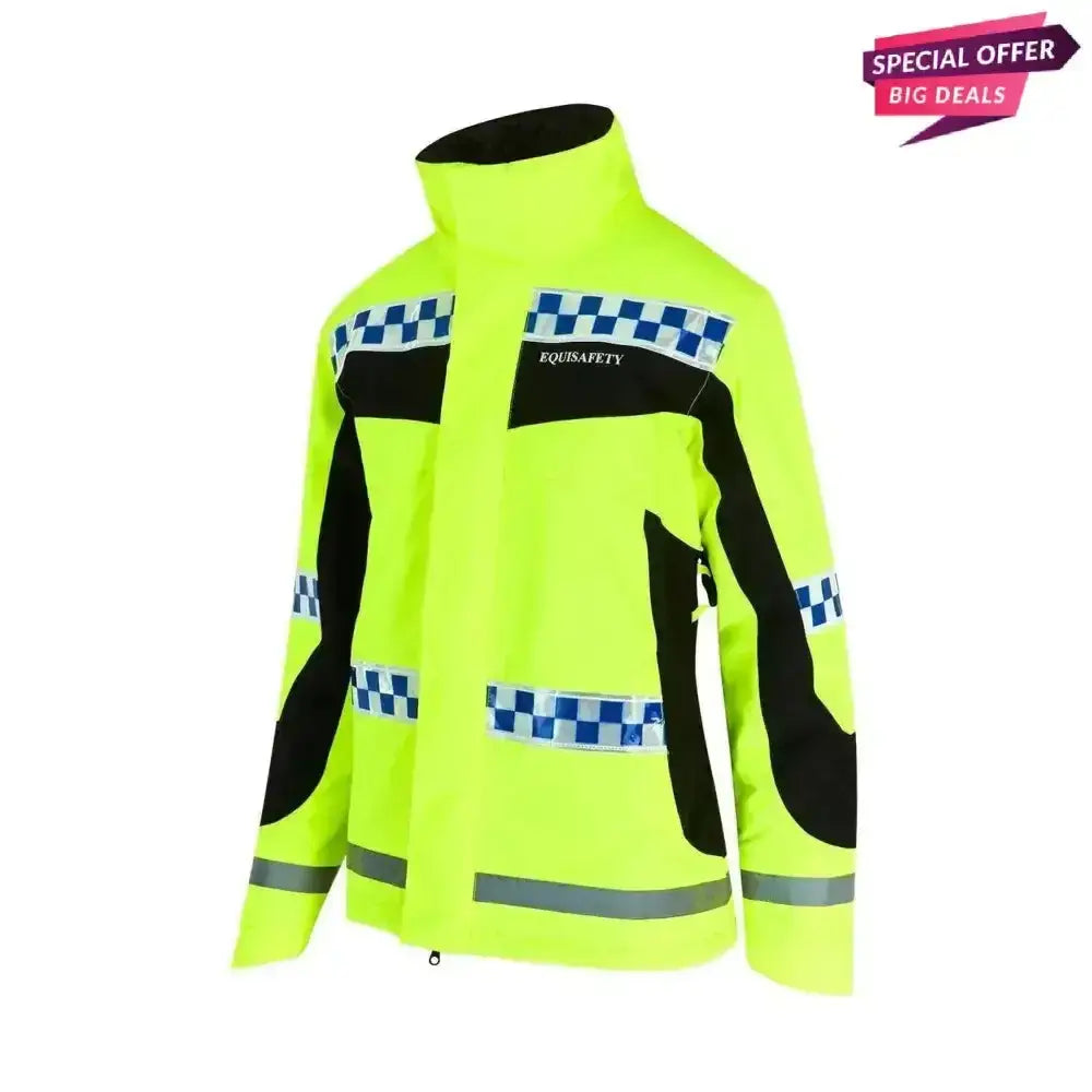 Bright neon yellow equisafety polite winter inverno equestrian jacket for childs with black panels and reflective stripes