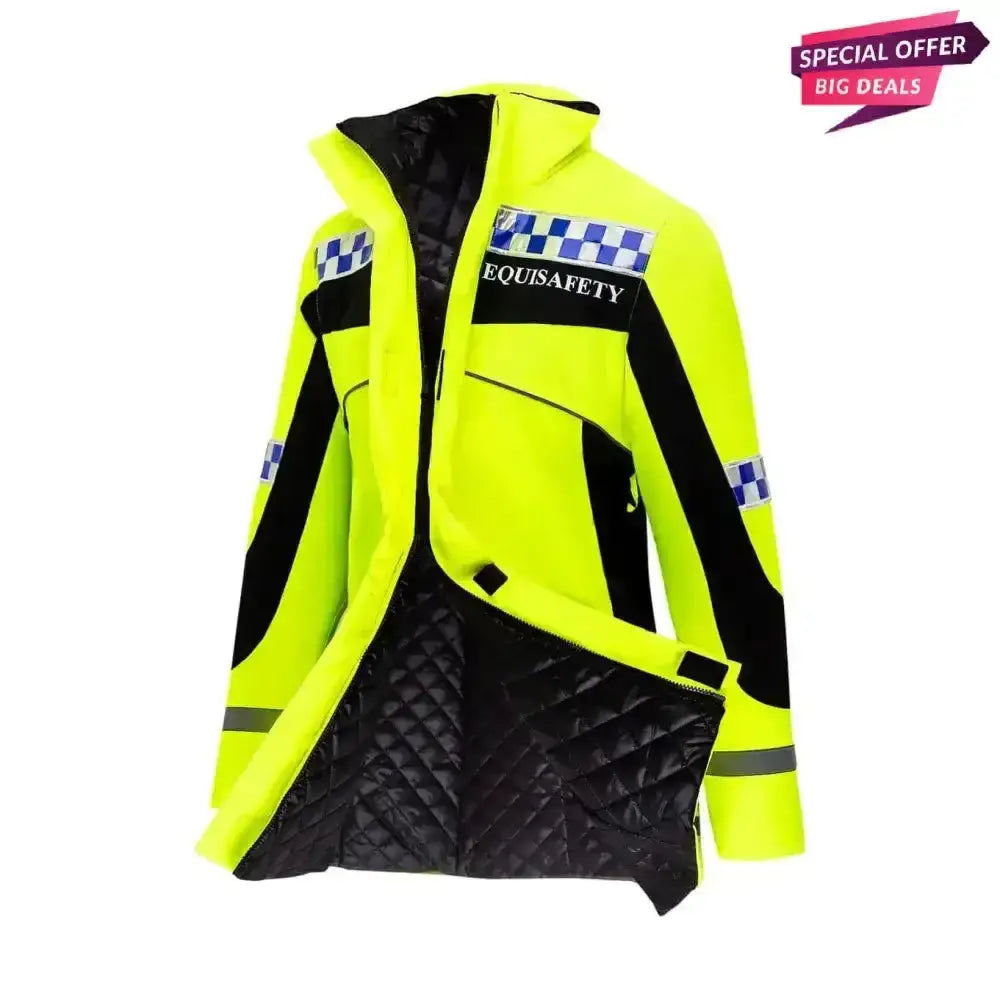 Bright neon yellow equisafety polite winter inverno equestrian jacket with black quilted lining and reflective stripes