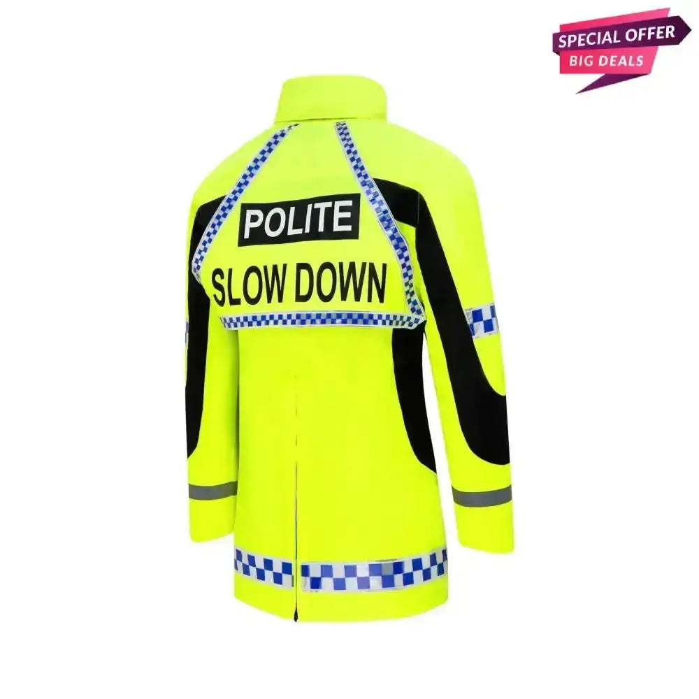 Bright yellow equisafety polite hi vis winter inverno equestrian jacket for childs with reflective bands and checkered stripes