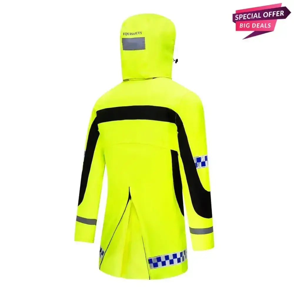 Bright yellow equisafety polite winter inverno equestrian jacket for childs with black reflective stripes and blue checkered accents
