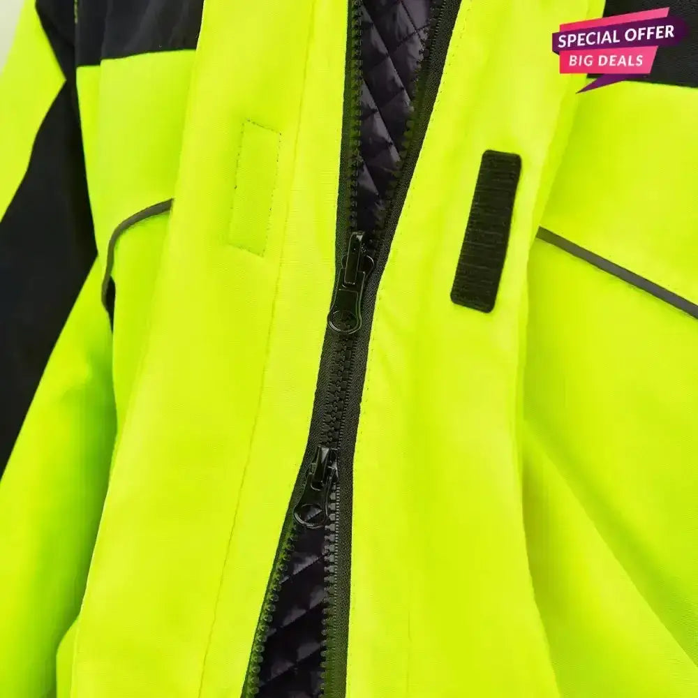 Bright neon yellow equisafety polite winter inverno equestrian jacket for childs with black zipper and trim