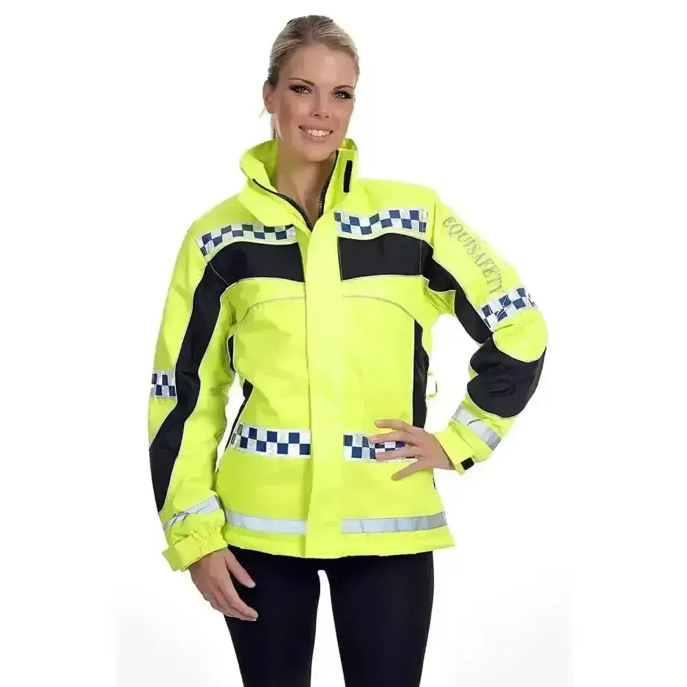 Bright yellow equisafety polite hi viz lightweight adult riding jacket with black panels and reflective checkered stripes