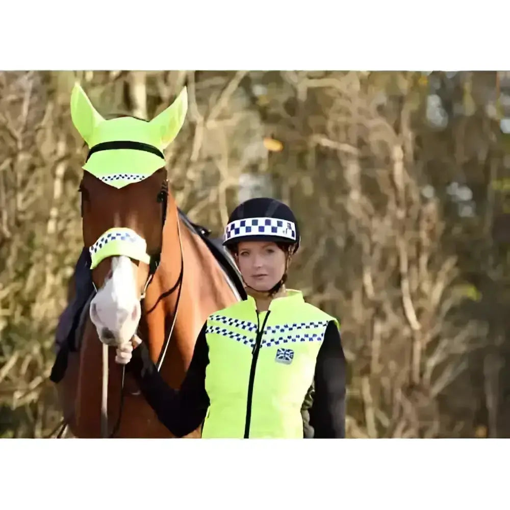 A woman in a neon yellow equisafety polite vest stands beside a brown horse wearing reflective mesh horse ear covers