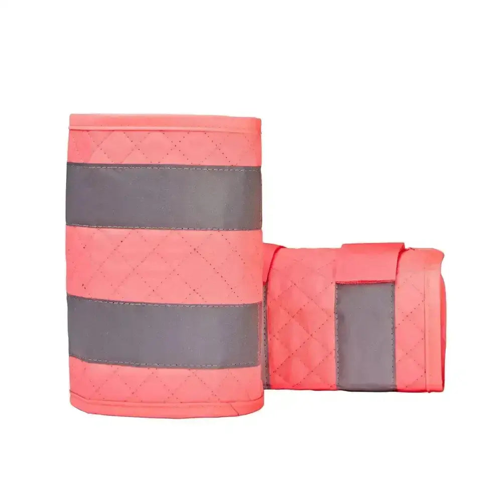 Bright coral equisafety reflective quilted leg wrap with gray reflective stripes for hi vis horse boots