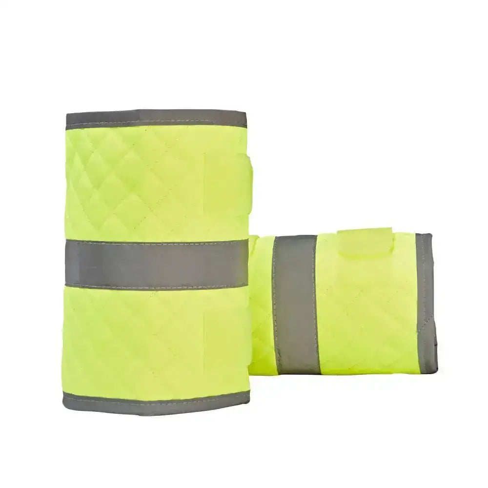 Bright yellow equisafety reflective quilted leg wrap with gray trim and reflective strips for hi vis horse boots