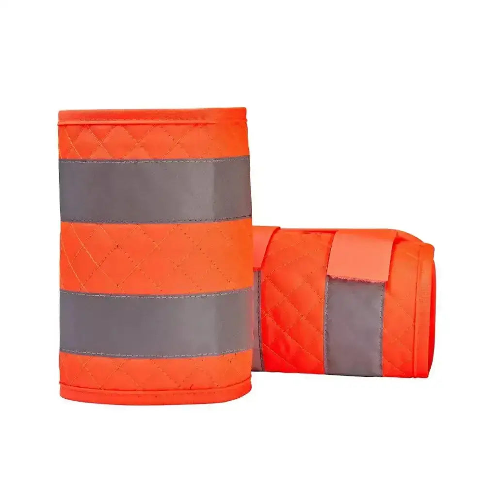 Bright orange equisafety reflective quilted leg wrap with gray reflective stripes for horse safety boots