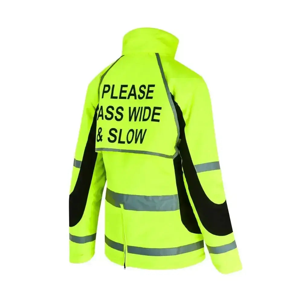 Back view of equisafety winter inverno reflective hi viz riding jacket in neon yellow with black panels and reflective stripes