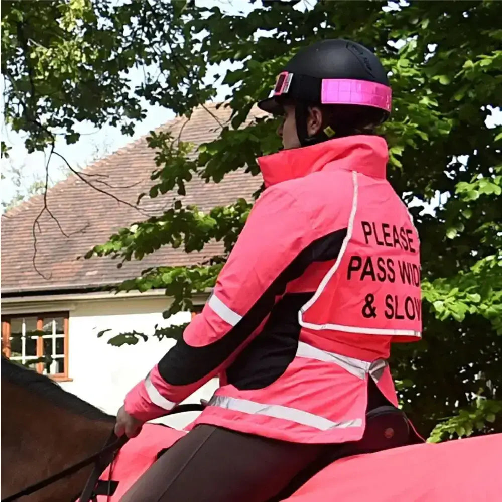 Back of pink equisafety winter inverno jacket with black panels reflective stripes and please pass wide slow text