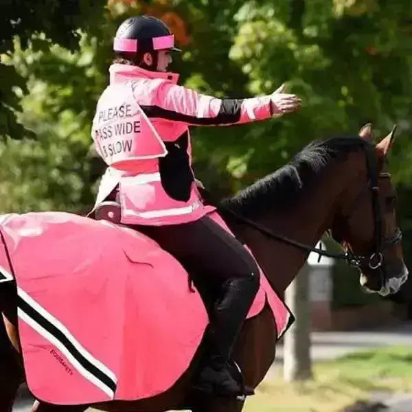 Pink horse blanket with black and white striped trim from equisafety winter inverno reflective inverno jacket line