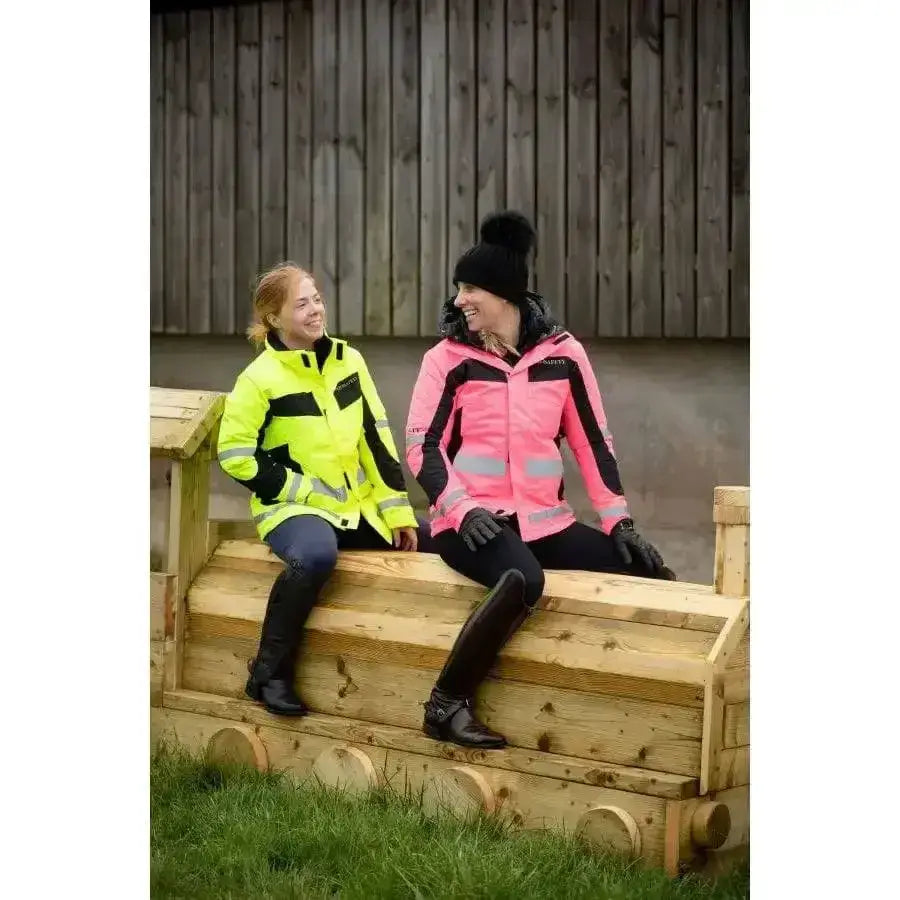 Bright yellow and pink equisafety winter inverno reflective hi viz riding jackets with black accents and reflective stripes