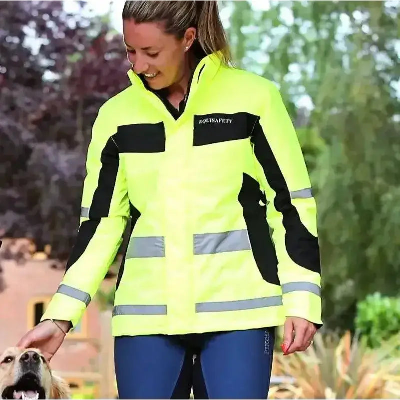 Bright neon yellow and black equisafety winter inverno reflective hi viz riding jacket with silver stripes