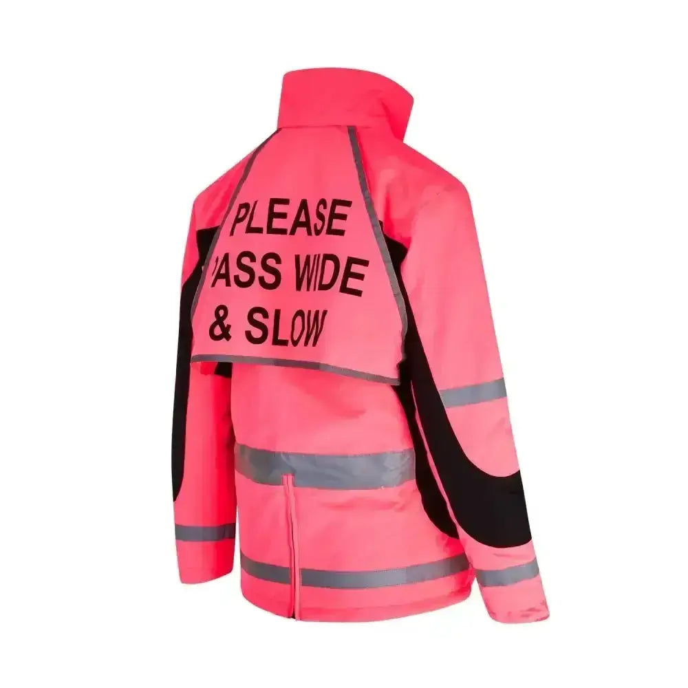 Back of a bright pink equisafety winter inverno jacket with black panels reflective stripes and please pass wide slow text