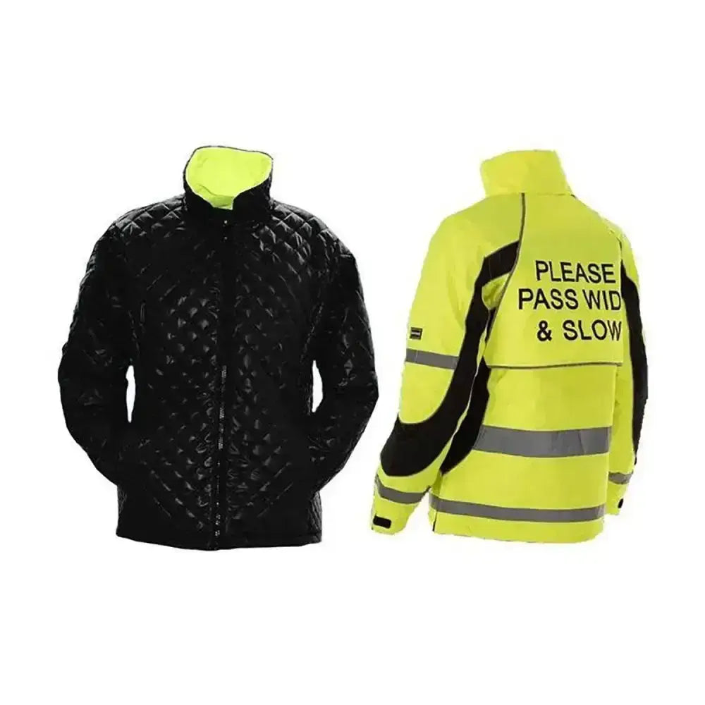 Back view of equisafety winter inverno reflective hi viz riding jacket in neon yellow and black with quilted design and safety message