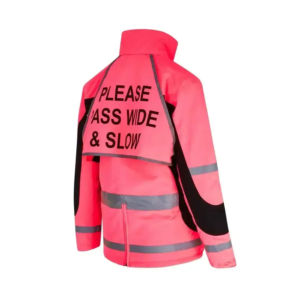 Back view of bright pink equisafety winter inverno reflective hi viz riding jacket with black stripes and bold text