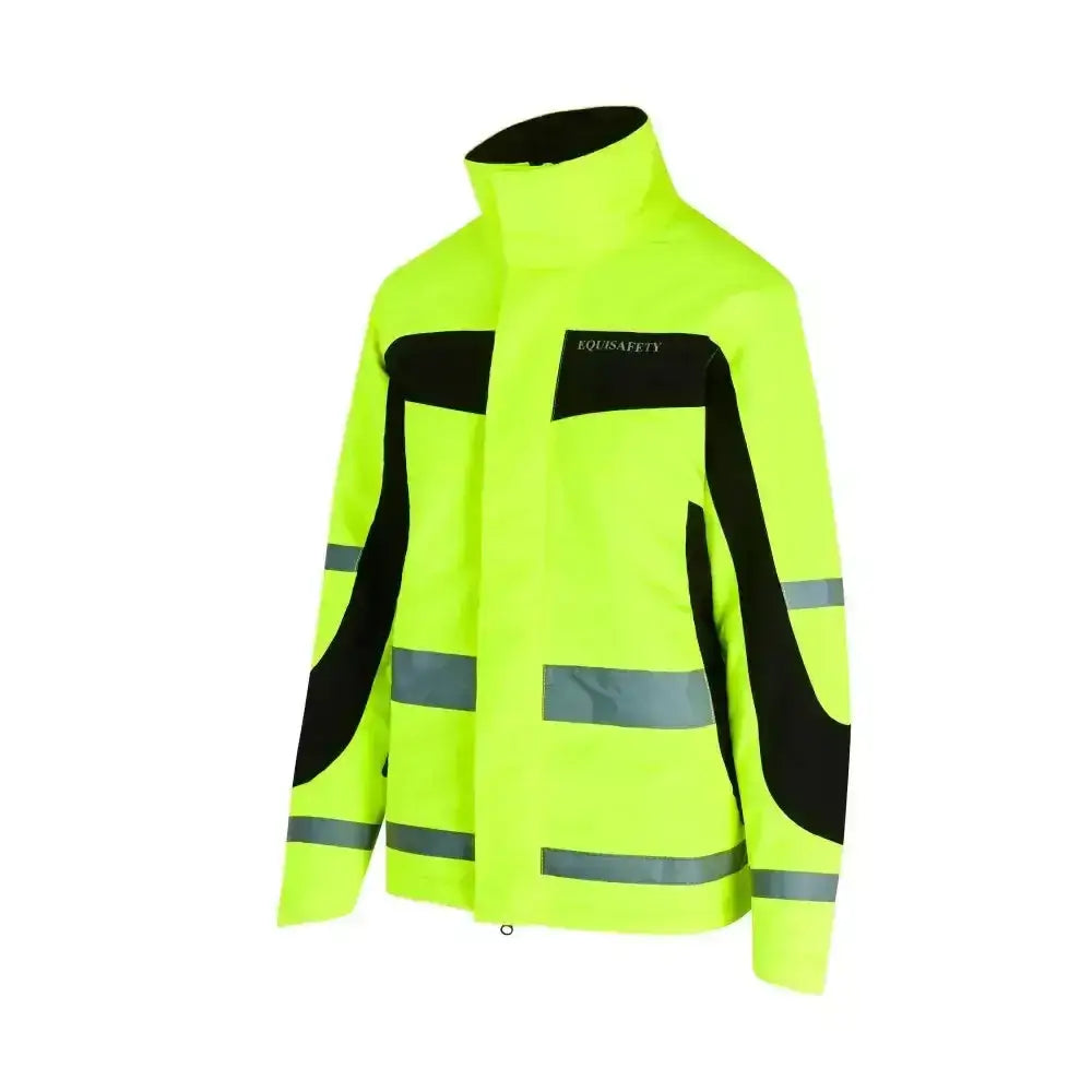 Bright neon yellow equisafety winter inverno reflective hi viz riding jacket with black panels and gray stripes