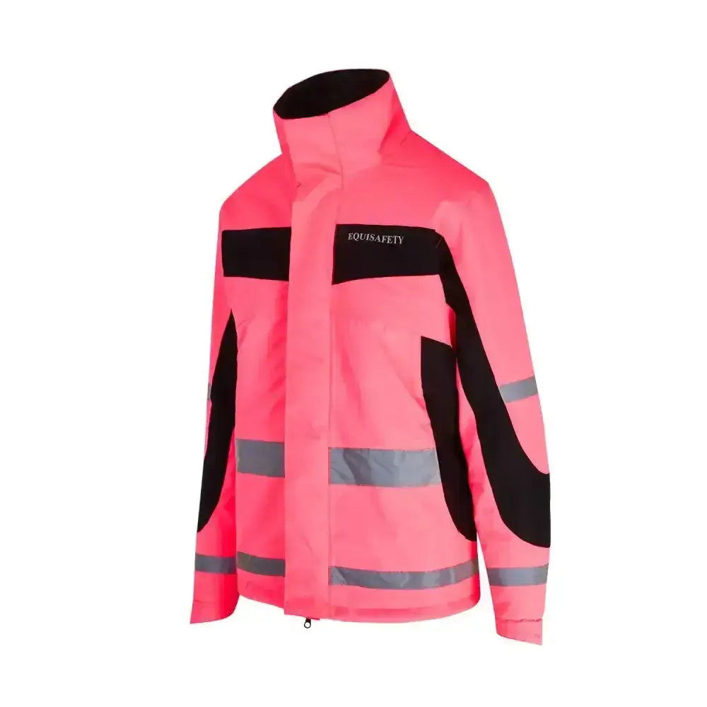 Bright pink equisafety winter inverno riding jacket with black panels and reflective stripes for safety and style