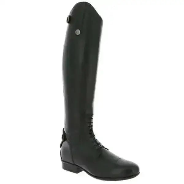 Black leather equitheme primera long riding boots grained with polished finish and classic lace-up design for competitions