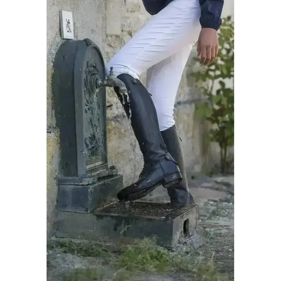 Black leather equitheme primera long riding boots with glossy finish and reinforced toe cap for tall riding boots