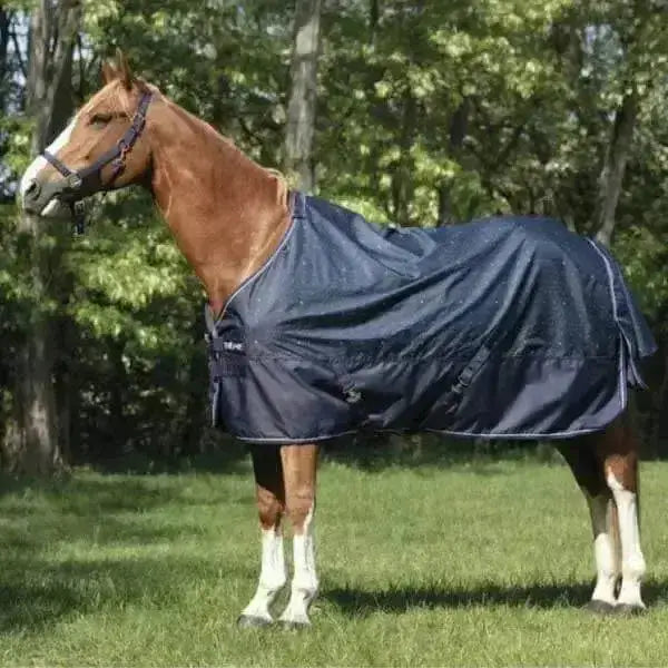 Navy blue equitheme tyrex 600d polka printed medium waterproof horse blanket with reflective stitching and adjustable straps
