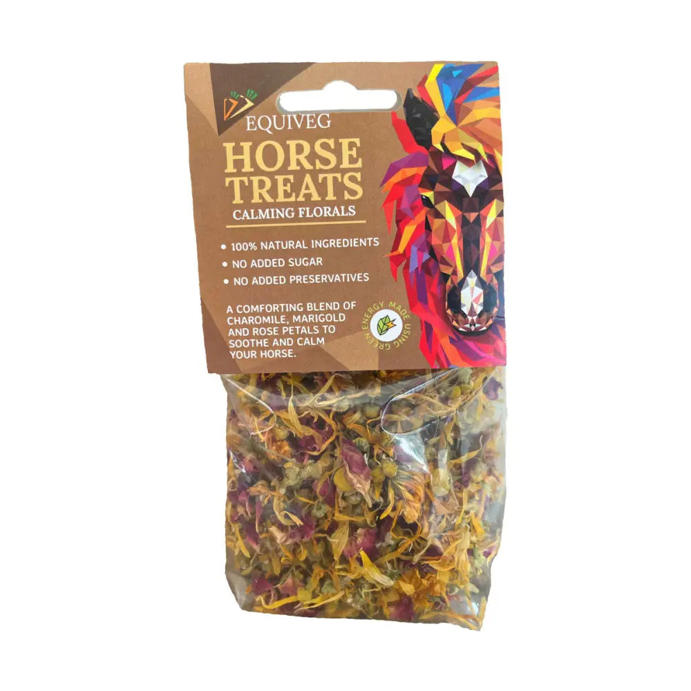 A package of equiveg calming floral blend horse treats with colorful geometric horse and natural dried pieces like chamomile