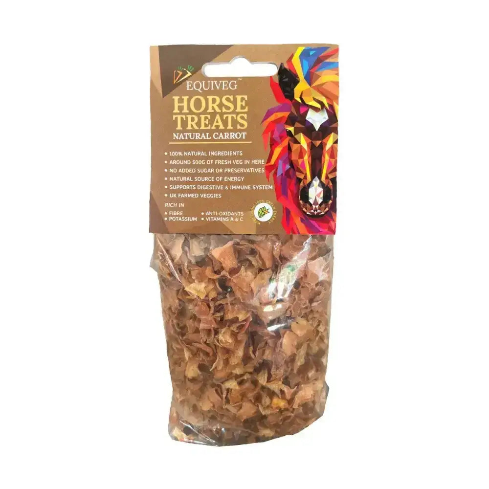 Equiveg carrot horse treats in a clear plastic bag with natural carrot snacks and colorful brown packaging