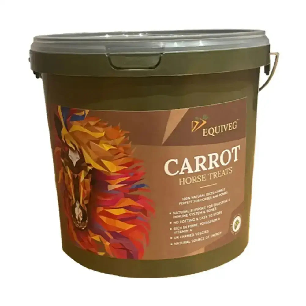 A brown plastic bucket with gray lid and handle labeled equiveg carrot horse treats featuring colorful geometric horse illustration
