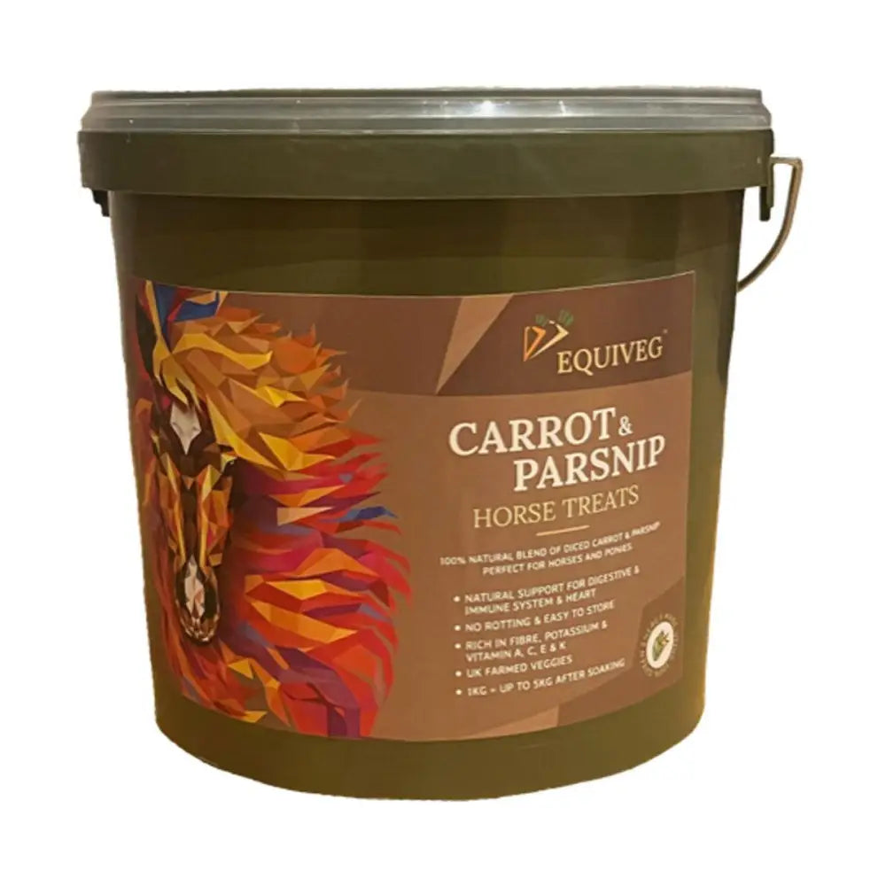 Olive green plastic bucket with brown label and colorful geometric horse for equiveg carrot natural mixed dehydrated treats