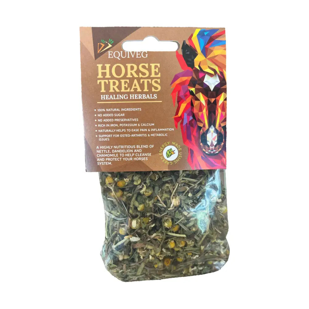 Equiveg healing herbal blend natural dried pieces in a clear bag with colorful geometric horse on brown packaging
