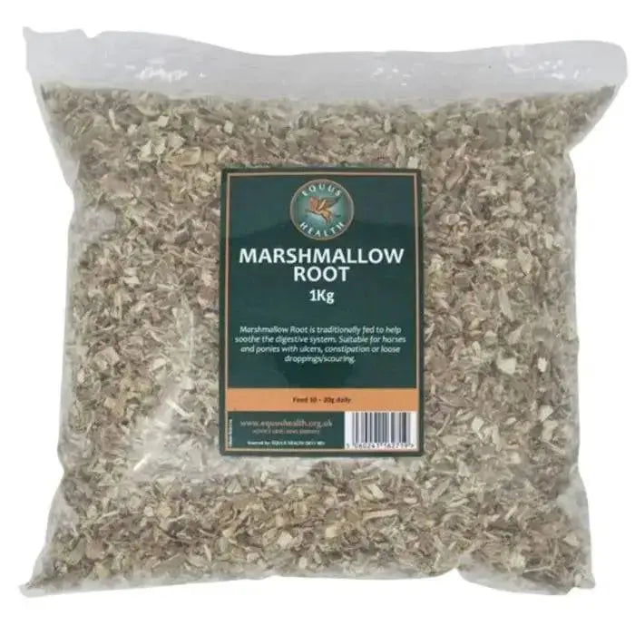 A 1kg bag of light beige chopped marshmallow root from equus health traditionally fed horse supplements