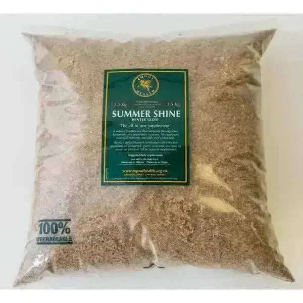 A clear plastic bag of brown granular natural conditioner labeled summer shine for equus health winter glow performance