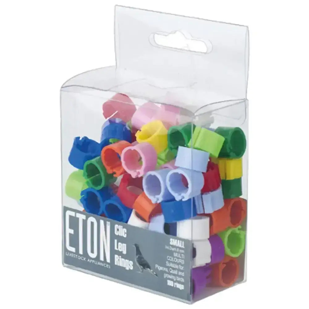 A clear plastic package of eton clic leg assorted leg rings in bright blue green pink and yellow clip-on for poultry