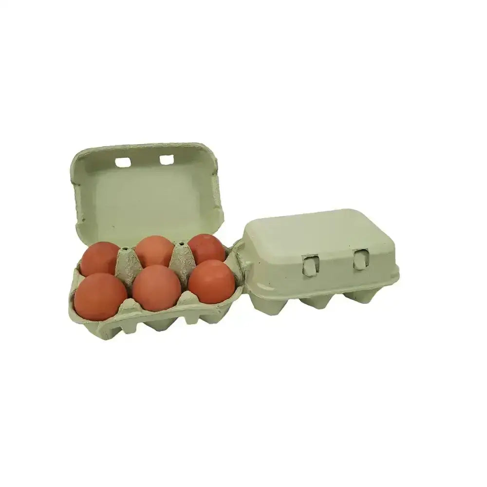 A light green cardboard eton egg box flat holding six brown eggs showing quality box opening design