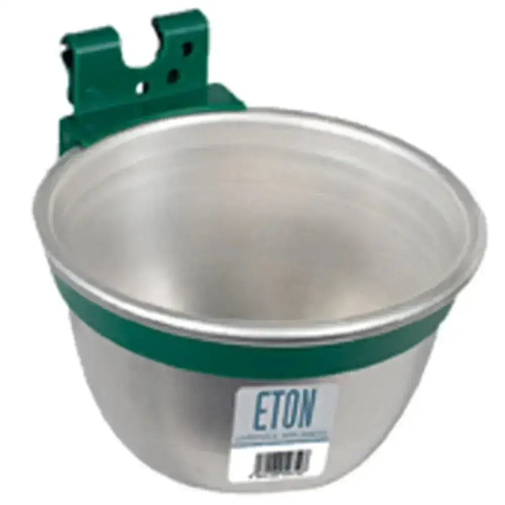 Green and silver robust aluminium eton feed drinking bowl with clip-on bracket for small animal supplies