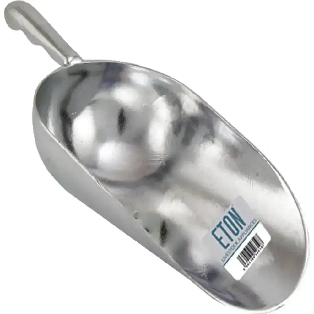 Shiny stainless steel eton metal feed scoop with long handle and smooth reflective surface for easy scooping