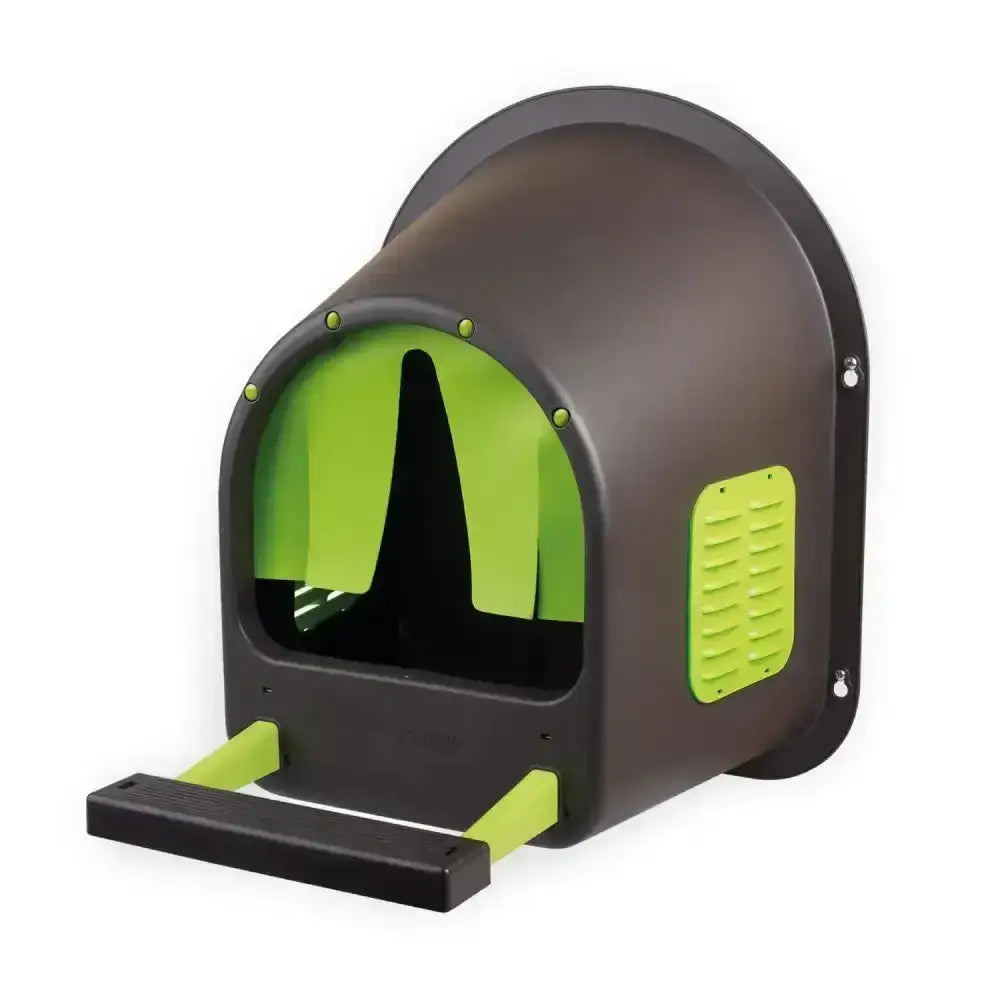 Dark brown eton mycozynest plastic laying nest for hens with lime green accents made of impact robust uv-resistant polypropylene