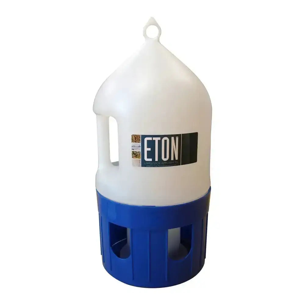 White and blue plastic eton pigeon drinker with handle and multiple feeding slots for hanging or standing use