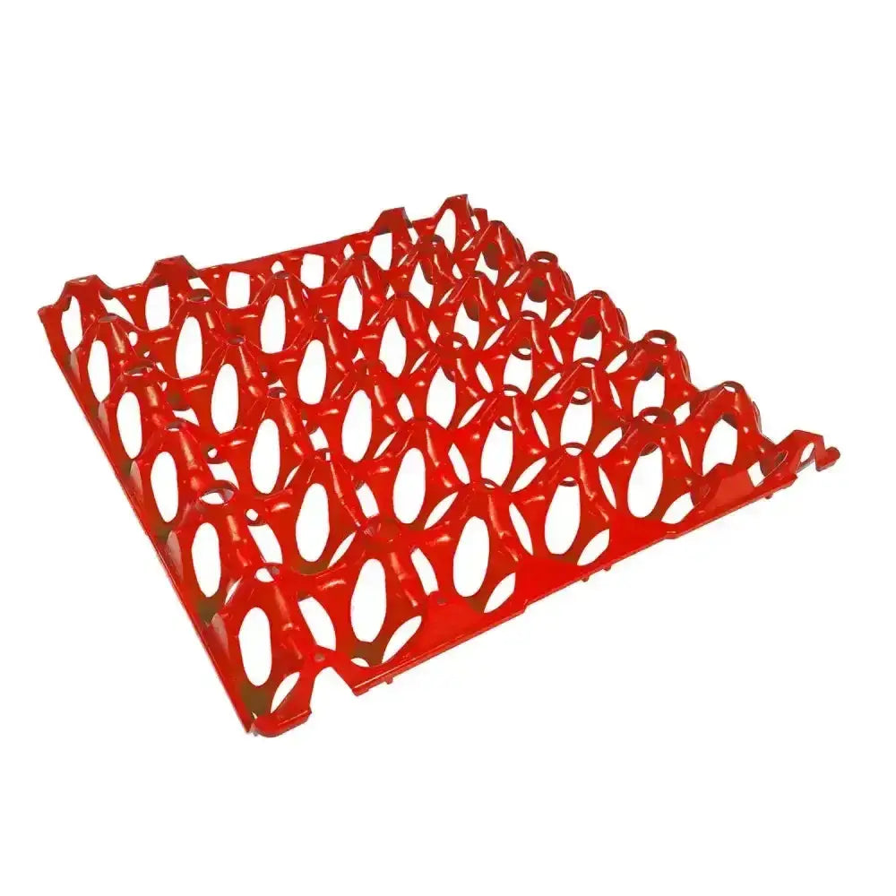 Eton plastic egg tray in red flexible plastic with a geometric interlocking design for sturdy egg storage