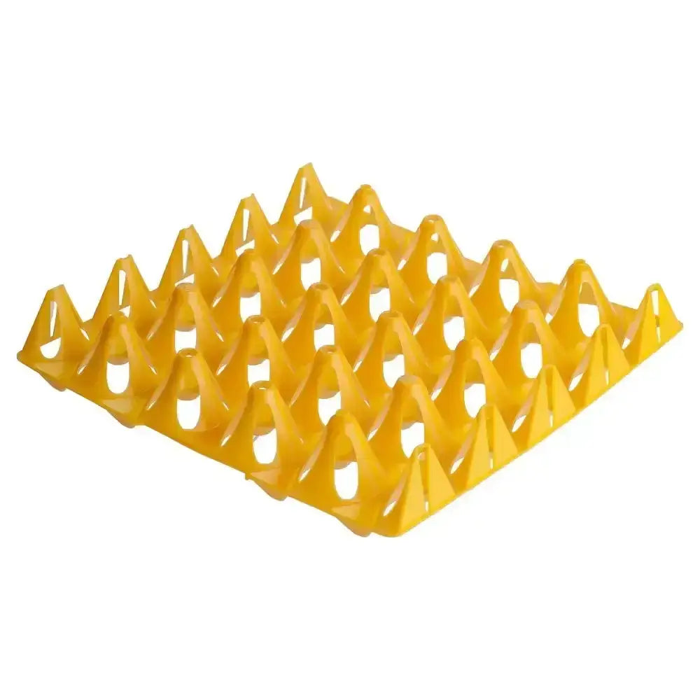 Bright yellow eton plastic keyes tray with triangular compartments for holding 20 eggs in a robust plastic keyes tray