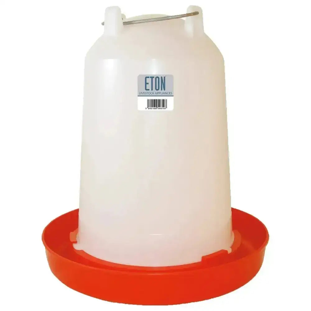 Translucent white high quality robust plastic eton ts12 poultry drinker with bright red base and metal spout for easy watering