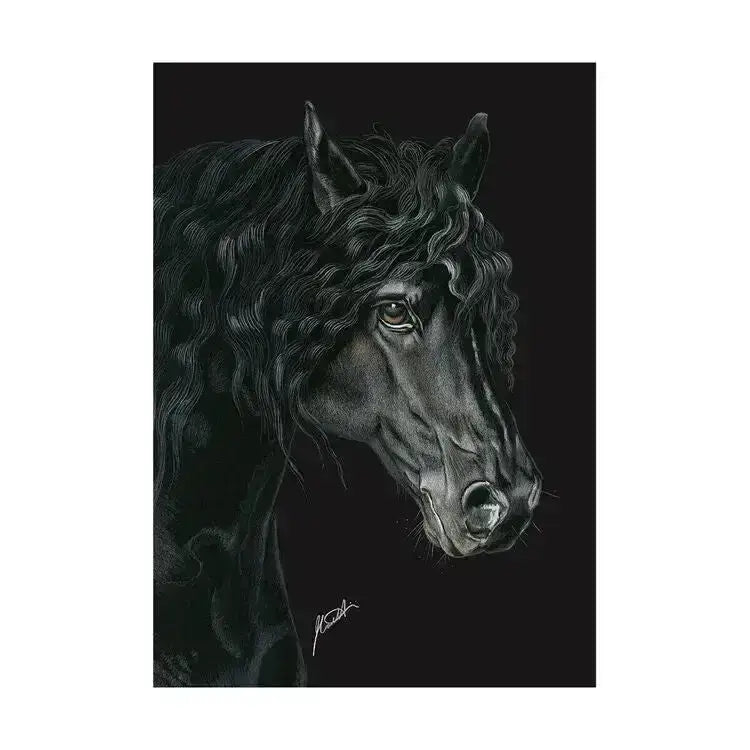 A4 print of a detailed charcoal sketch of a black friesian horse head with flowing mane on backing board with retail sticker