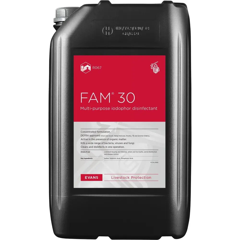 Black plastic jerrycan of evans vanodine fam 30 concentrated defra iodophor disinfectant with red and white label