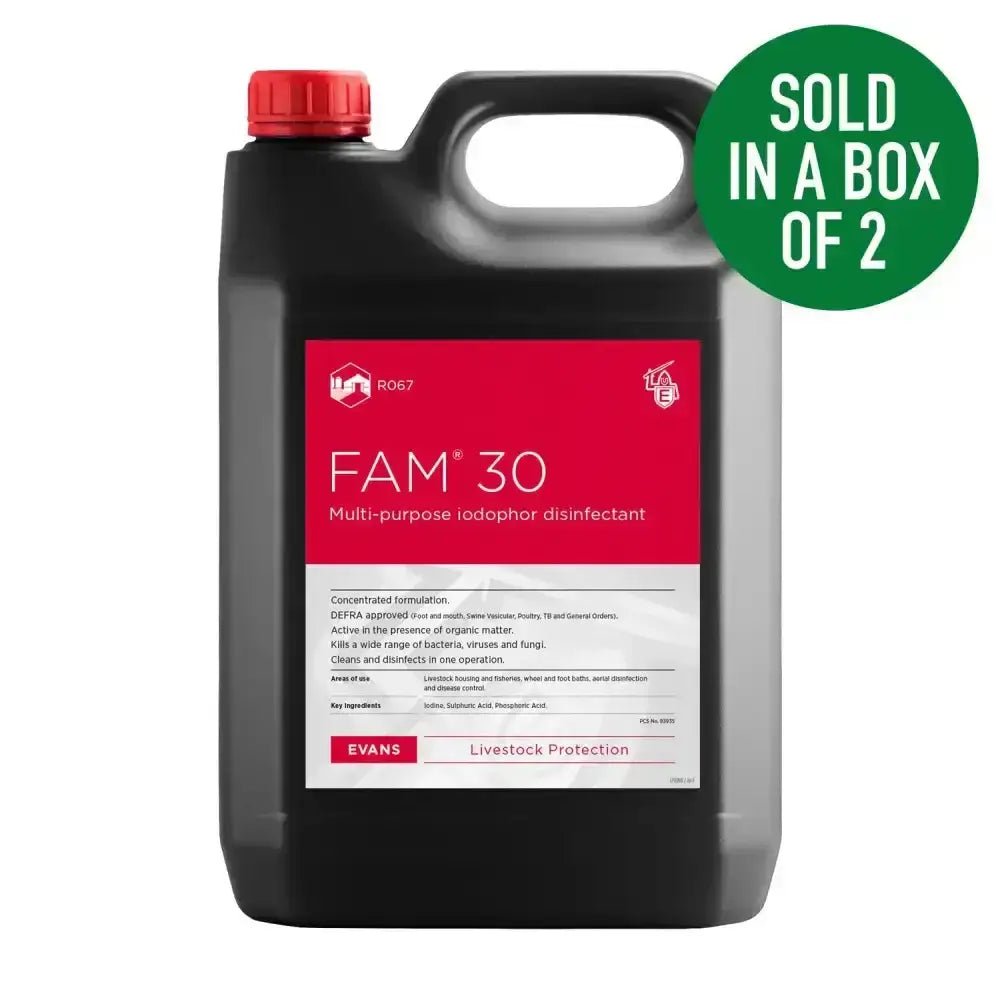 Black plastic jug with red cap and handle labeled evans vanodine fam 30 multi-purpose iodophor disinfectant concentrated defra