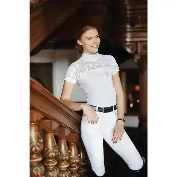 White lace short-sleeved fair play lucia competition shirt with high collar and subtle chest embellishment