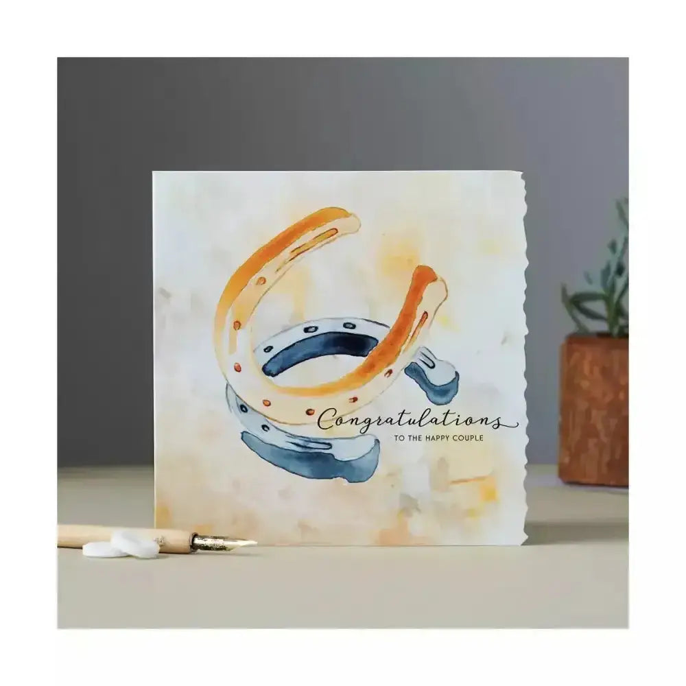 Fanciful dolomite card original hand-painted watercolour wedding card with orange and blue horseshoe and unique die-cut edging