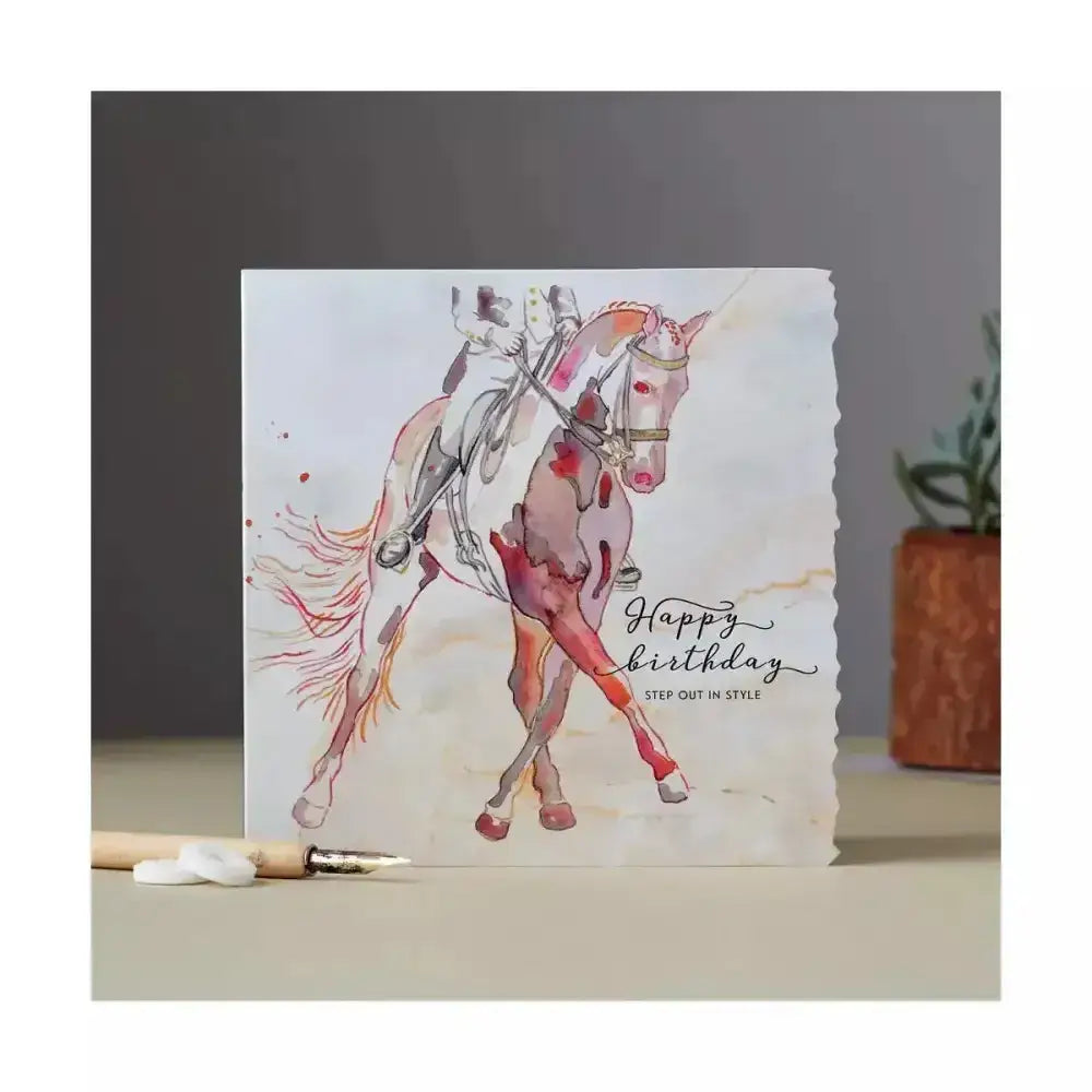 Fanciful dolomite card featuring an original hand-painted watercolour birthday dressage horse in soft pinks and browns