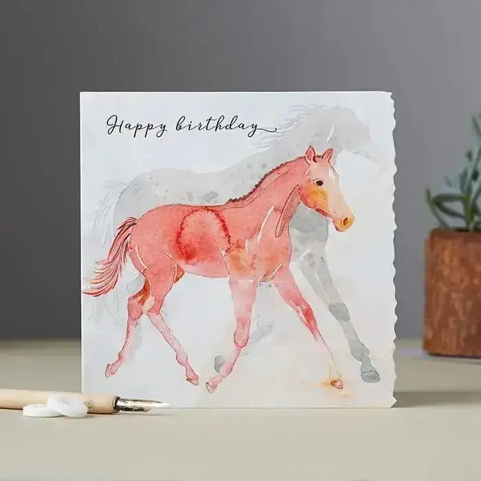 Pink horse illustration on fanciful dolomite card happy birthday foal with elegant script text happy birthday
