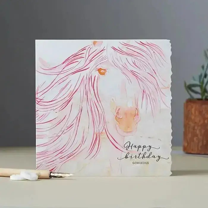 Fanciful dolomite card happy birthday gorgeous featuring original hand-painted watercolour white horse on textured paper