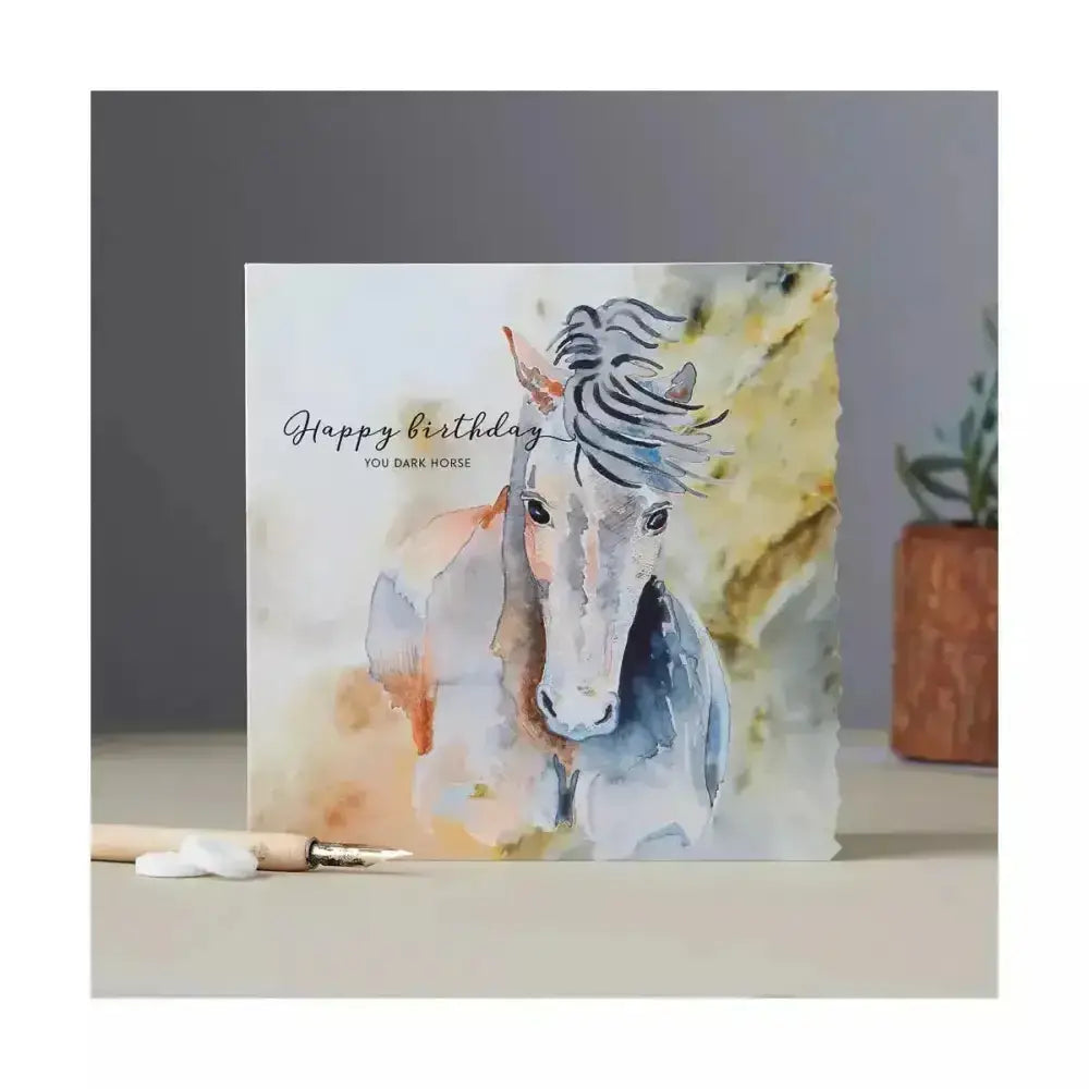 A fanciful dolomite card 150x150mm featuring a dark horse watercolor with flowing mane on a peach blue yellow background